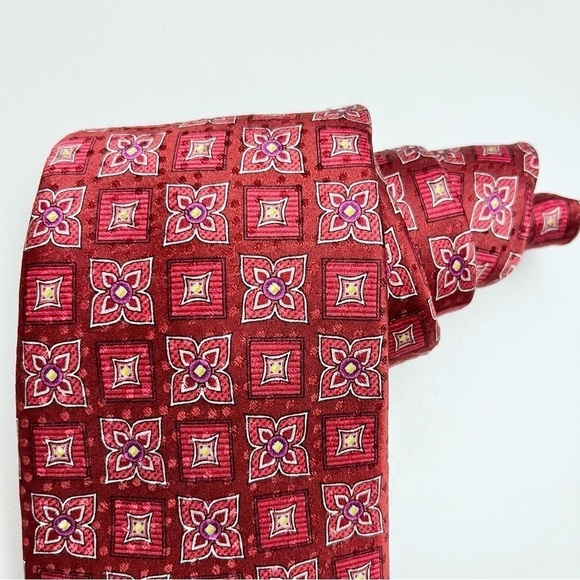 Robert Talbott Carmel Red Retro Kaleidoscope Floral Checkered Hand Sewn Silk Tie - Picture 2 of 7